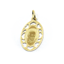 Load image into Gallery viewer, 18k yellow gold oval flat medal 16x23mm Saint Pio of Pietrelcina hearts pendant.