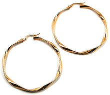 Cargar imagen en el visor de la galería, 18k rose gold circle hoops pendant earrings, 4.7 cm x 3.5 mm worked & twisted.