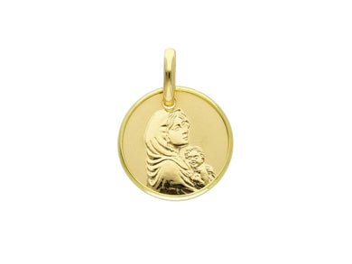 18K YELLOW GOLD PENDANT ROUND MEDAL VIRGIN MARY AND JESUS 15mm ENGRAVABLE.
