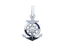 Cargar imagen en el visor de la galería, 18k white gold nautical anchor pendant 1.5cm 0.6" enamel compass wind rose.