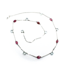 Cargar imagen en el visor de la galería, 18k white gold 19" oval necklace faceted 6mm aquamarine drops purple tourmaline.