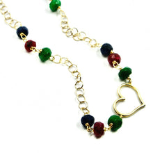 Load image into Gallery viewer, 18k yellow gold heart necklace, faceted green emerald, red ruby, blue sapphire.