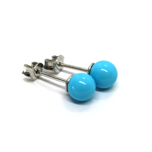 Load image into Gallery viewer, 18k white gold 6mm spheres balls reconstructed turquoise button earrings.