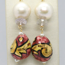 Cargar imagen en el visor de la galería, 18k yellow gold earrings amethyst pearl & ceramic big drop hand painted in italy.