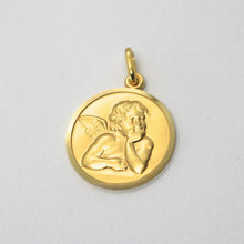 Load image into Gallery viewer, solid 18k yellow gold Guardian Angel small 13mm medal, pendant, very detailed.