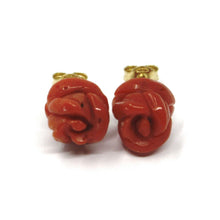 Load image into Gallery viewer, 18k yellow gold red coral flower roses button earrings, 8.5 mm, 0.33 inches.