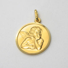 Load image into Gallery viewer, solid 18k yellow gold Guardian Angel 15mm medal, pendant, very detailed.