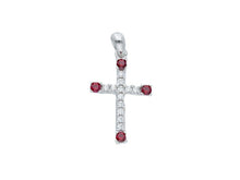 Cargar imagen en el visor de la galería, 18K WHITE GOLD SMALL 12mm CROSS WITH WHITE & RED ROUND CUBIC ZIRCONIA.
