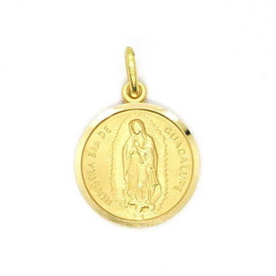 solid 18k yellow gold Senora Lady of Guadalupe, small 11 mm, round medal pendant.