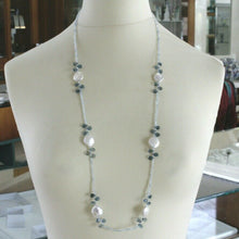Load image into Gallery viewer, 18k white gold long 33.5" necklace aquamarine london blue topaz drop pearl disc.