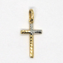 Load image into Gallery viewer, 18K YELLOW WHITE GOLD MINI TUBE FINELY HAMMERED CROSS, TWO FACES, MADE IN ITALY.