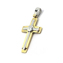 Load image into Gallery viewer, SOLID 18K YELLOW WHITE GOLD FLAT DOUBLE CROSS PENDANT 26mm 1.02", ITALY MADE.