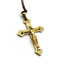 Load image into Gallery viewer, SOLID 18K YELLOW GOLD TRILOBE CROSS WITH JESUS, SMOOTH, FINELY WORKED, 28mm.