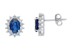 Load image into Gallery viewer, 18k white gold earrings oval 2.00ct blue sapphires & diamonds frame, 11mm length.