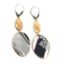 Cargar imagen en el visor de la galería, 18K WHITE ROSE GOLD PENDANT EARRINGS DOUBLE WORKED ONDULATE OVALS 6cm, 2.36".