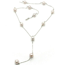 Load image into Gallery viewer, 18k white gold lariat necklace, venetian chain alternate purple pearls 8.5 mm.
