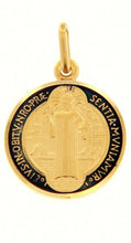 Load image into Gallery viewer, solid 18k yellow round gold medal, diameter 17mm, Saint Benedict, enamel pendant, very detailed.