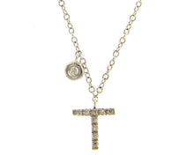 Load image into Gallery viewer, 18k white gold necklace, pendant mini initial letter T, 0.7 cm, 0.3", rolo chain.