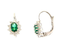 Cargar imagen en el visor de la galería, 18k white gold flower leverback earrings oval green crystal cubic zirconia frame.