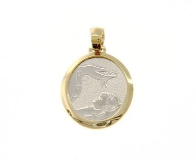 18K YELLOW WHITE GOLD PENDANT OVAL MEDAL BAPTISM ENGRAVABLE MADE IN ITALY.