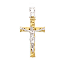 Load image into Gallery viewer, 18K YELLOW WHITE GOLD SQUARED STYLIZED CROSS PENDANT, SMOOTH JESUS CHRIST, 28mm.