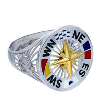 Load image into Gallery viewer, 18k white yellow gold band ring, nautical anchor flags enamel compass wind rose.
