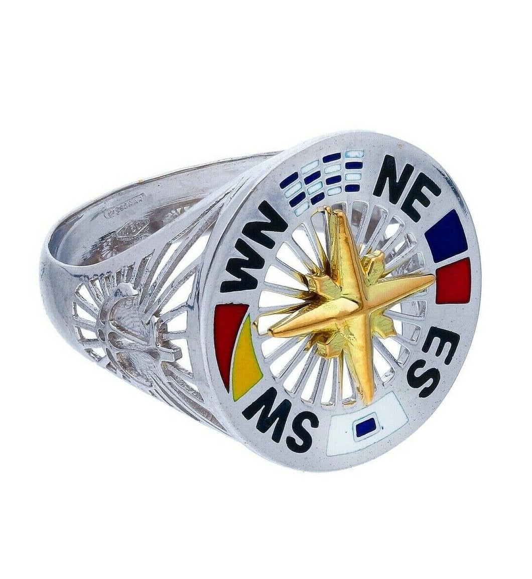 18k white yellow gold band ring, nautical anchor flags enamel compass wind rose.