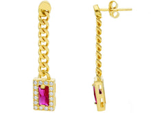 Charger l'image dans la galerie, 18K YELLOW GOLD PENDANT EARRINGS, GOURMETTE CUBAN CURB CHAIN, RED ZIRCONIA.