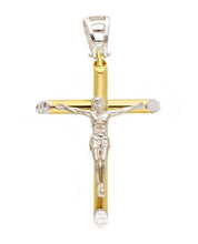 Load image into Gallery viewer, 18K YELLOW WHITE GOLD TUBOLAR SMOOTH CROSS PENDANT, WITH JESUS CHRIST, BIG 40mm.