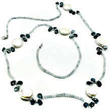 Load image into Gallery viewer, 18k white gold long 33.5" necklace aquamarine london blue topaz drop pearl disc.