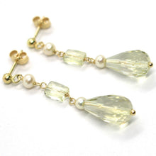 Charger l'image dans la galerie, 18k yellow gold pendant earrings, pearl and lemon quartz drop, 1.65 inches.