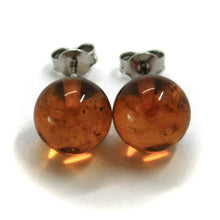 Load image into Gallery viewer, solid 18k white gold lobe earrings, orange amber 11mm spheres butterfly closure.