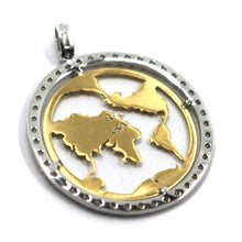 Load image into Gallery viewer, 18K YELLOW WHITE GOLD 25mm 1" GLOBE EARTH WORLD MAP ZIRCONIA PENDANT, ITALY MADE.
