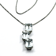 Load image into Gallery viewer, 18k white gold emerald aquamarine 3 ct trilogy pendant & venetian chain necklace.