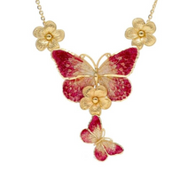 Load image into Gallery viewer, 18K YELLOW GOLD ROLO NECKLACE ENAMEL FINELY WORKED FLOWER BUTTERFLY PENDANT.