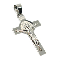 Load image into Gallery viewer, SOLID 18K WHITE GOLD FLAT CROSS WITH JESUS & SAINT BENEDICT MEDAL, 28 mm.
