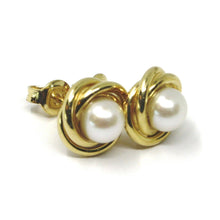 Load image into Gallery viewer, 18k yellow gold pearl button earrings, 11 mm, 0.43 inches, flower braided spiral.