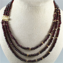 Load image into Gallery viewer, 18K YELLOW GOLD THREE WIRES MULTI STRAND NECKLACE WITH DISC GARNET, GOLD SPHERE.