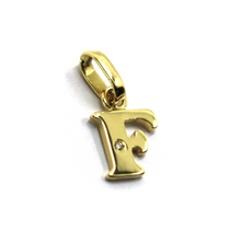 Load image into Gallery viewer, 18k yellow gold pendant charm small initial letter F, 10mm, 0.4", with diamond.