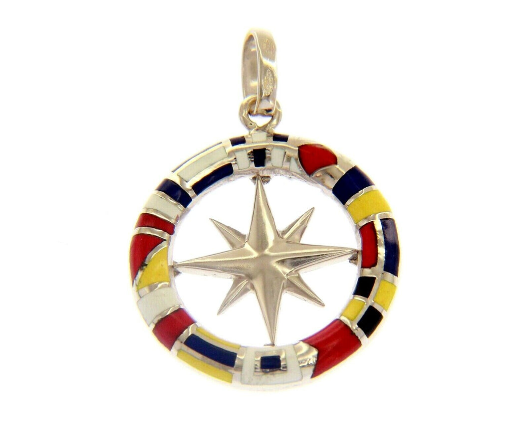 18k white gold compass wind rose pendant, 2.2cm, enamel nautical flags.