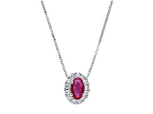 Charger l'image dans la galerie, 18k white gold necklace oval 0.32 ruby & diamonds frame pendant, venetian chain.