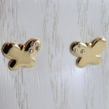 Cargar imagen en el visor de la galería, 18k yellow gold earrings mini butterfly, zirconia for kids child.