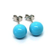 Load image into Gallery viewer, 18k white gold 8mm spheres balls reconstructed turquoise button earrings.