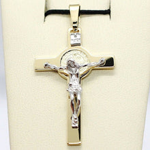 Load image into Gallery viewer, 18k yellow white gold Cross, Jesus & Saint Benedict medal big 2.1 inches.