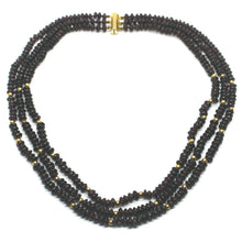 Load image into Gallery viewer, 18K YELLOW GOLD THREE WIRES MULTI STRAND NECKLACE WITH DISC GARNET, GOLD SPHERE.