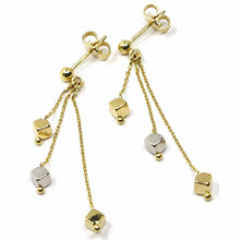 Load image into Gallery viewer, 18K YELLOW WHITE GOLD PENDANT EARRINGS, THREE WIRES, SMALL CUBES, 4 cm.