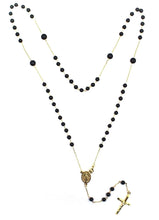 Cargar imagen en el visor de la galería, 18k yellow gold 60cm 24" rosary necklace black onyx 4-6mm spheres, cross & medal.