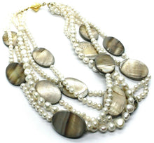 Load image into Gallery viewer, 18k yellow gold 5 wires multi strand necklace oval mother of pearl, white pearls.