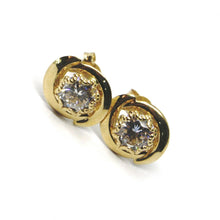 Cargar imagen en el visor de la galería, 18K YELLOW GOLD BUTTON EARRINGS CUBIC ZIRCONIA, OVAL WAVE WORKED FRAME, 10 MM.
