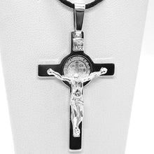 Load image into Gallery viewer, 18k white gold big cross with Jesus & saint Benedict medal made in Italy, 44 mm.